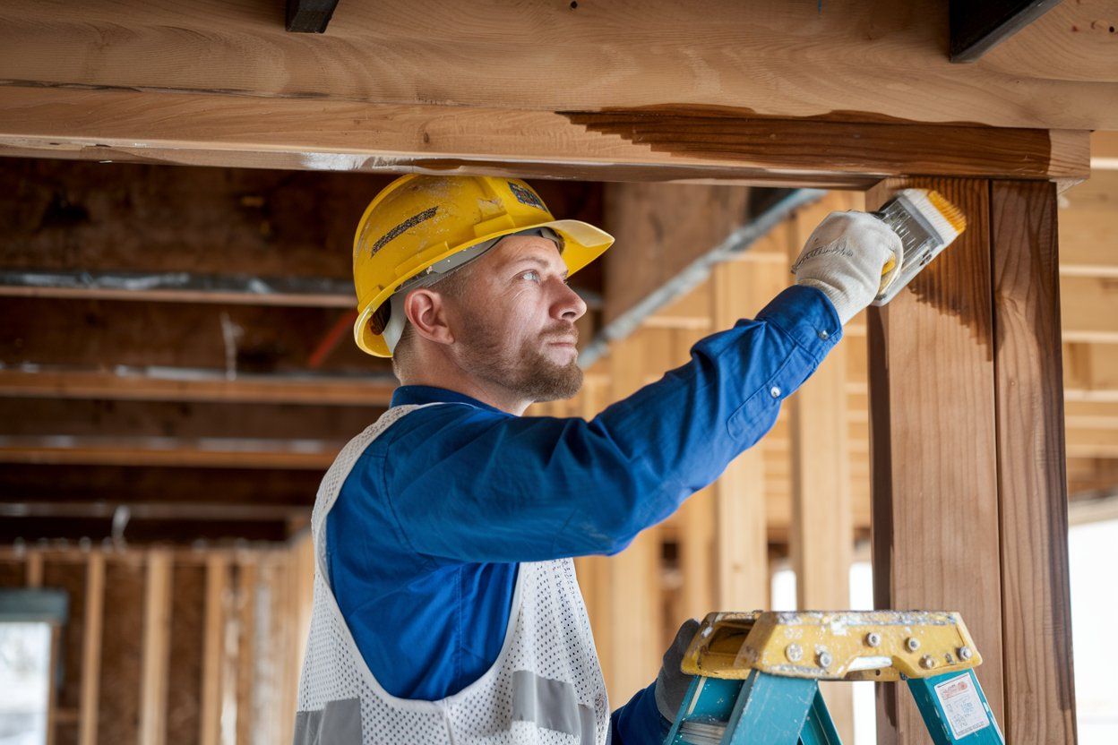 A man is standing on a ladder painting a wooden wall.