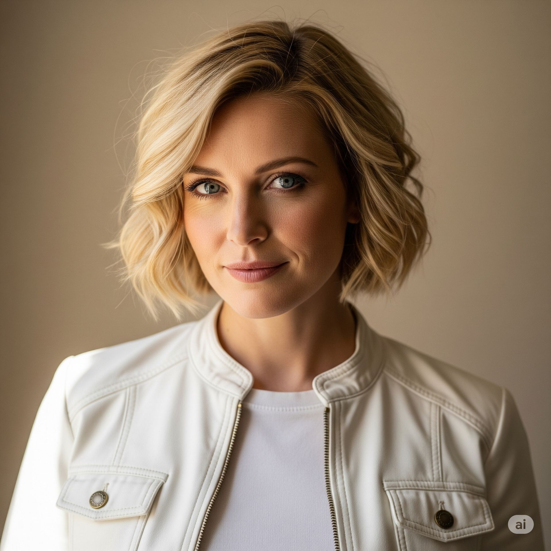 Frau mit blondem Bob, trägt eine weiße Jacke und ein T-Shirt und blickt mit neutralem Gesichtsausdruck in die Kamera.