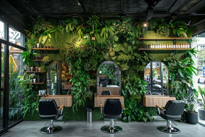 Inneneinrichtung eines Friseursalons mit einer Pflanzenwand, Spiegeln, Styling-Stationen und schwarzen Stühlen.