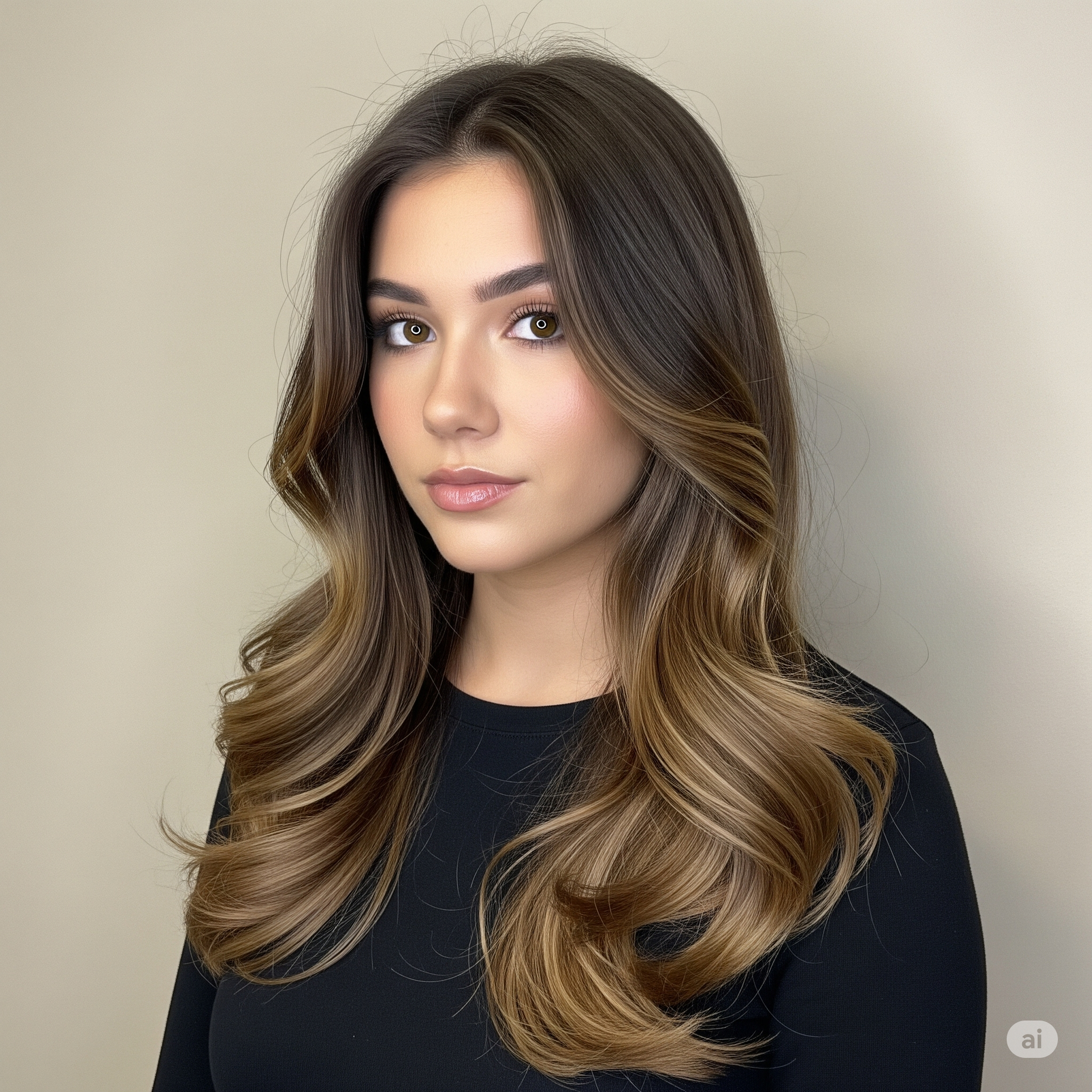 Frau mit langem, welligem braunem Haar und Strähnchen, trägt ein schwarzes Hemd und blickt in die Kamera.