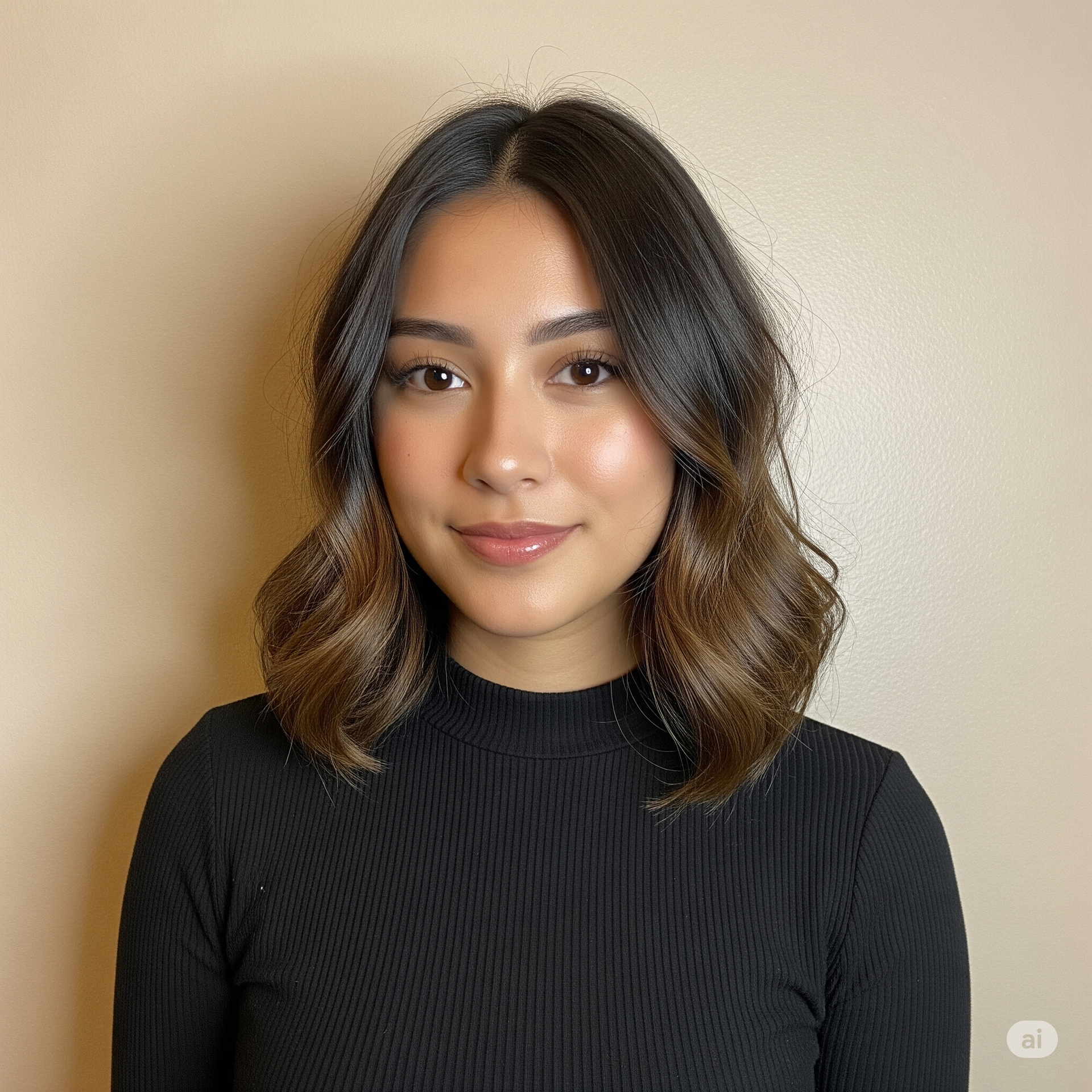 Frau mit schulterlangem braunem Haar und Ombre-Highlights, trägt einen schwarzen Rollkragenpullover und lächelt.