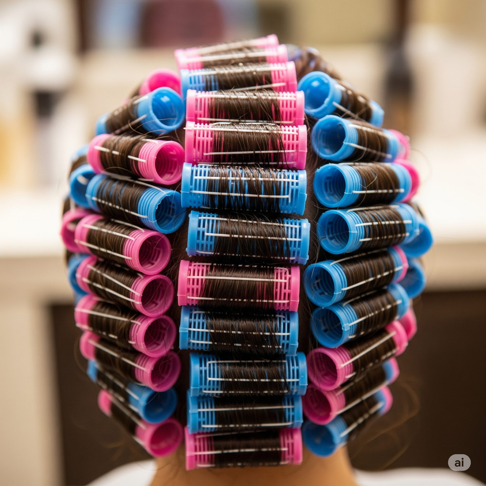 Haare auf Lockenwicklern, rosa und blau, werden in einem Salon frisiert.