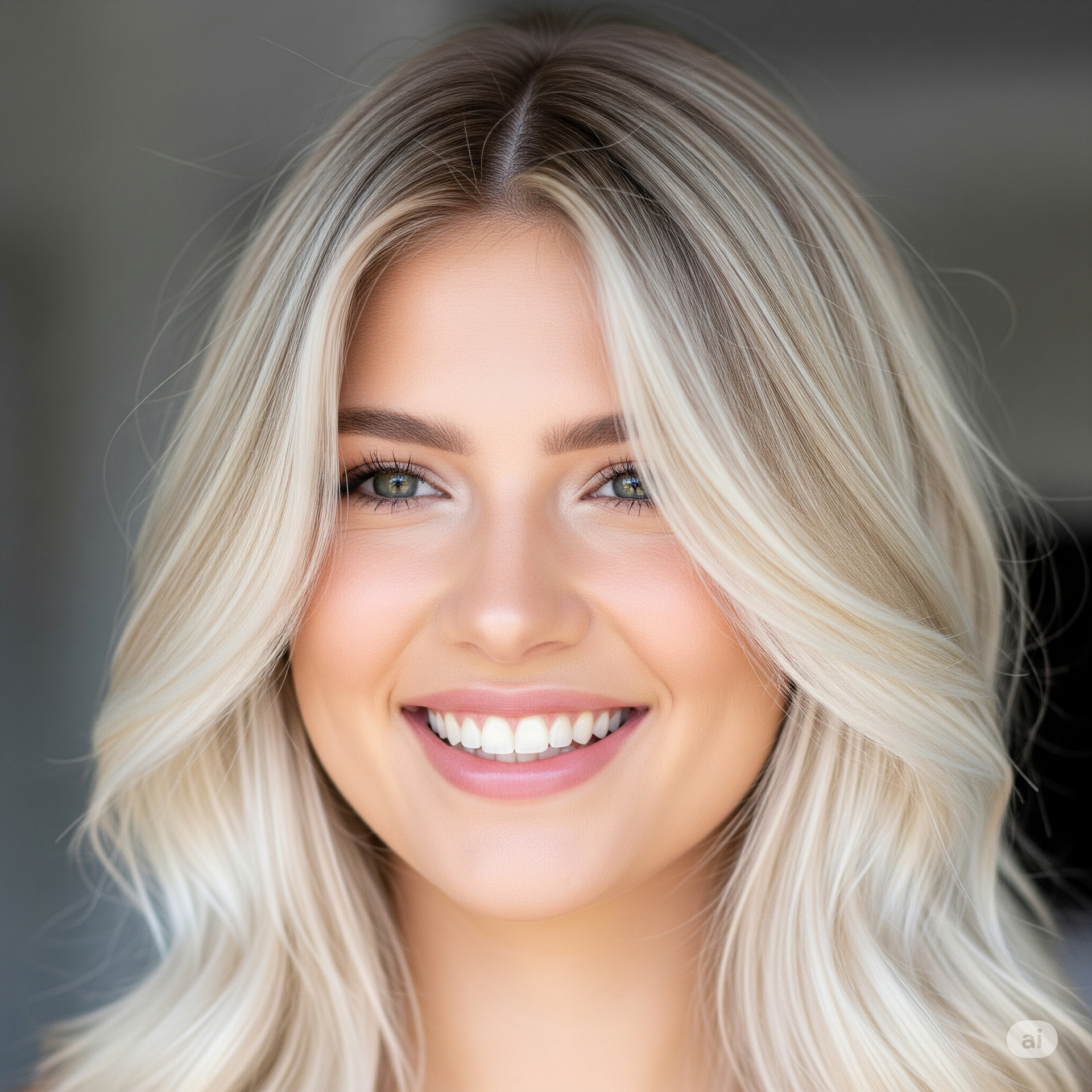 Lächelnde blonde Frau, helle Augen, helles Haar, sanfte Wellen, neutraler Hintergrund.