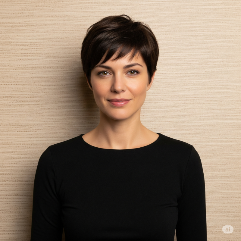 Frau mit kurzen braunen Haaren und schwarzem Hemd lächelt und steht vor einer strukturierten beigen Wand.