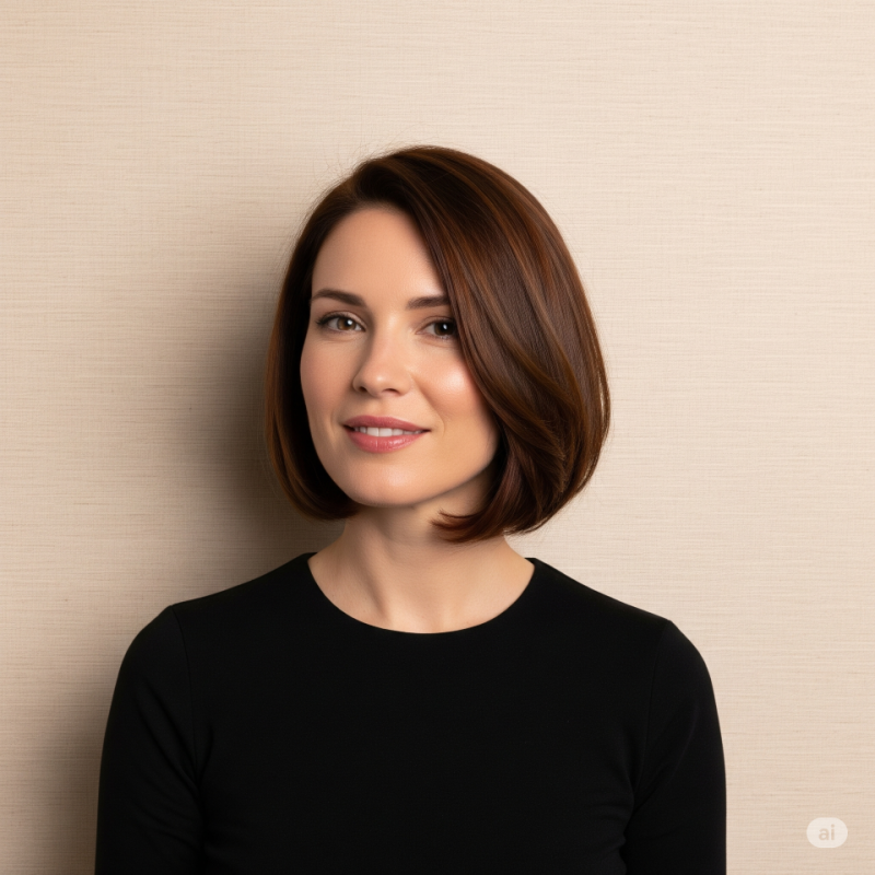 Frau mit kurzen braunen Haaren lächelt und trägt ein schwarzes Hemd vor einer neutralen Wand.