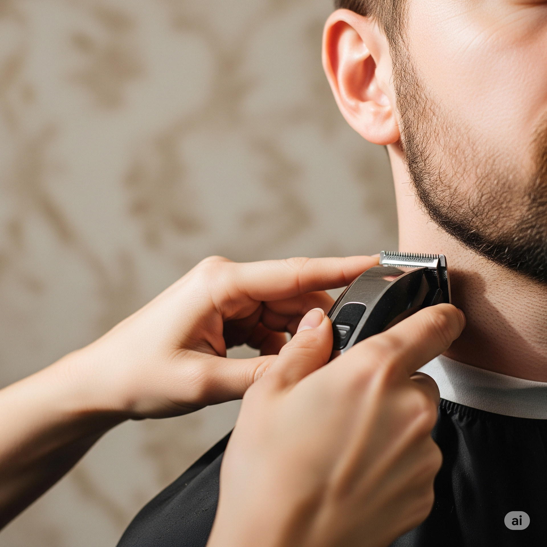Ein Friseur schneidet einem Mann in einem Salon mit einer elektrischen Haarschneidemaschine den Hals.