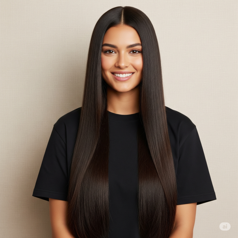 Frau mit langem, dunklem, glattem Haar, lächelnd, trägt ein schwarzes T-Shirt vor einem hellbeigen Hintergrund.