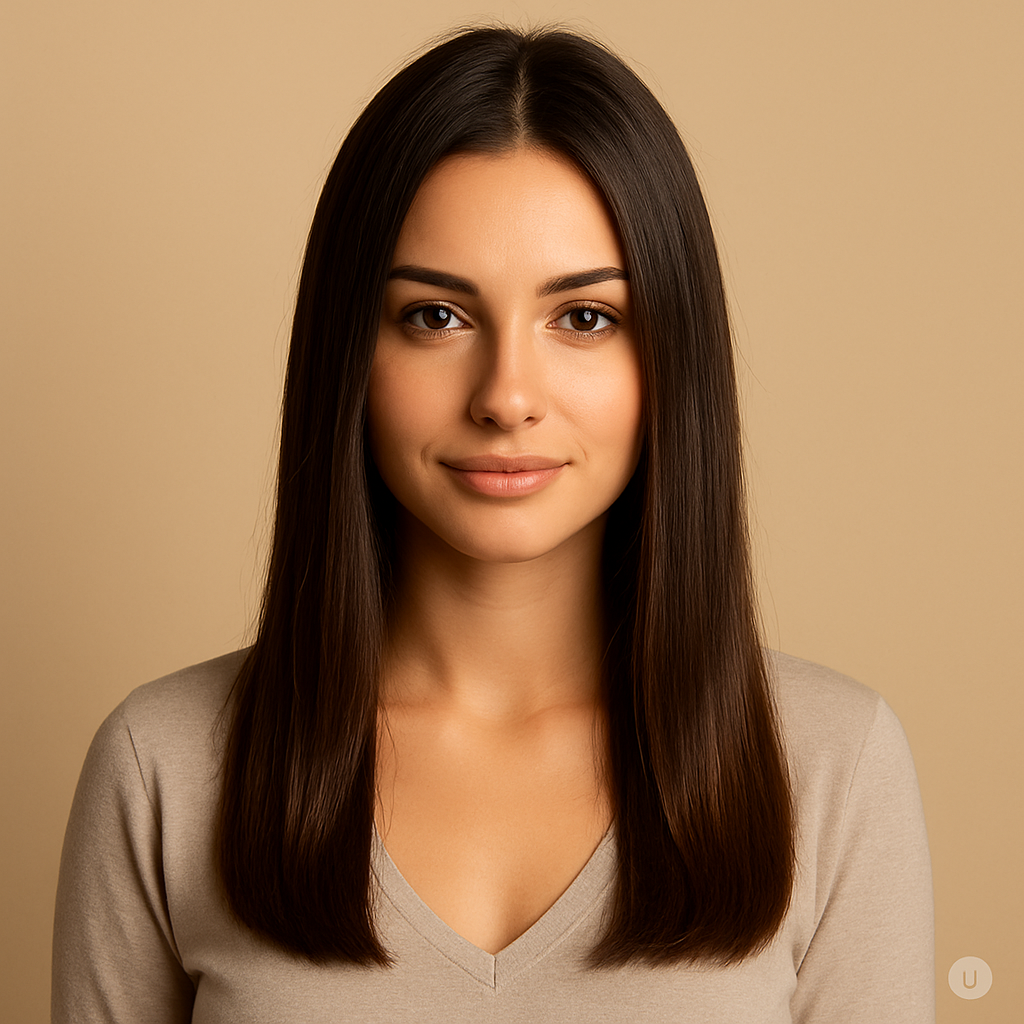 Frau mit dunklem, glattem Haar, trägt einen beigen Pullover und lächelt. Beiger Hintergrund.