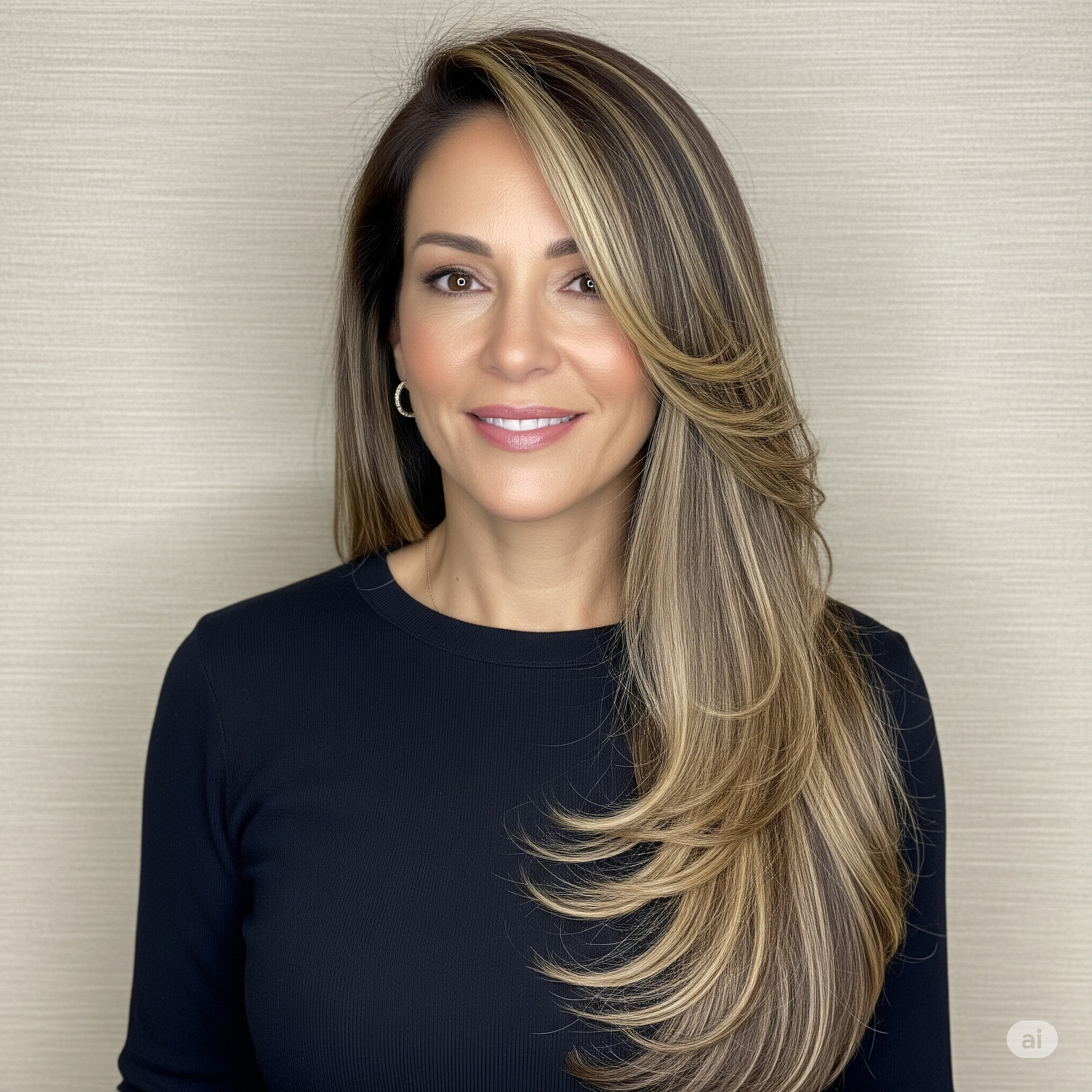 Frau mit langem, gestuftem Haar lächelt, trägt ein schwarzes Oberteil und steht vor einer beigen Wand.