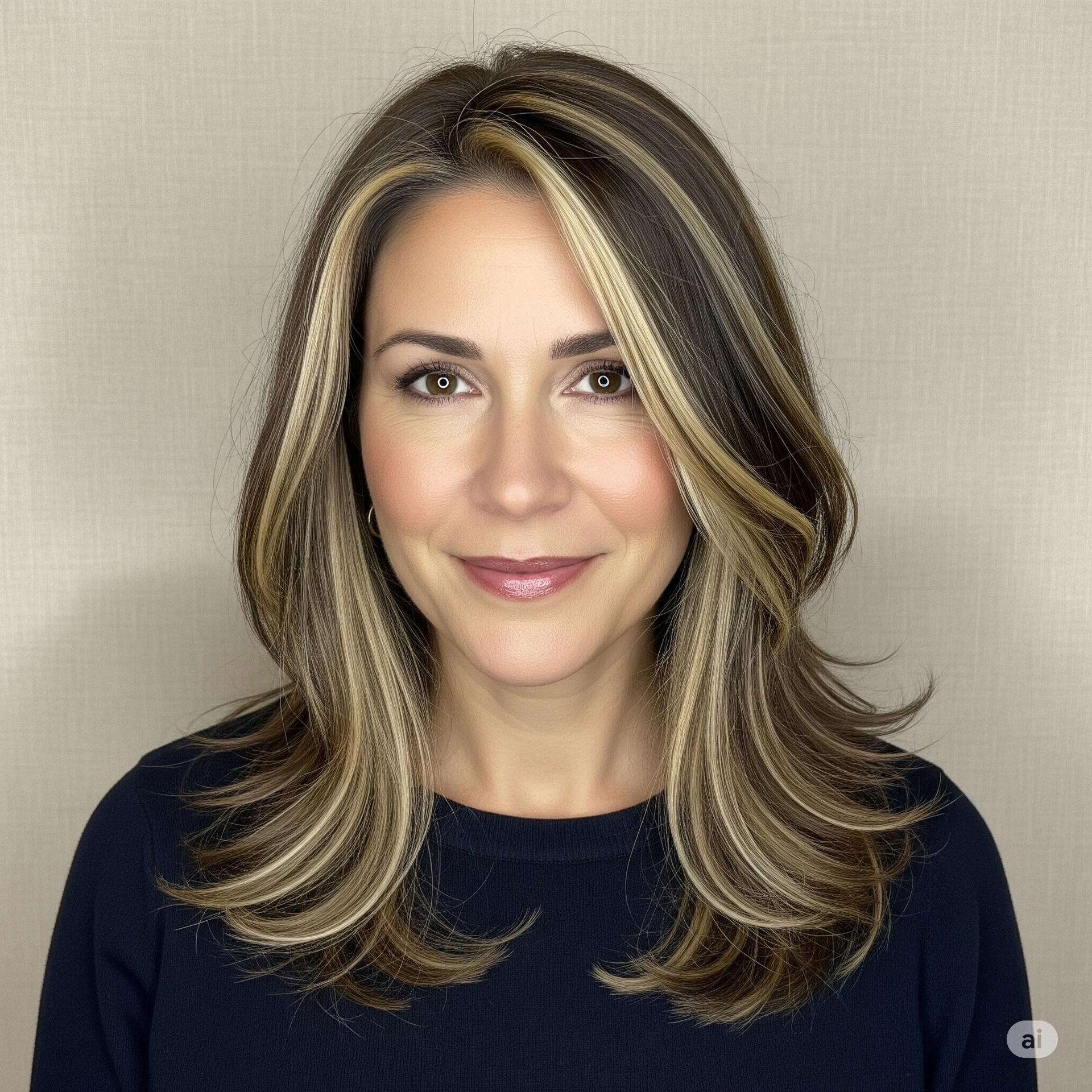 Frau mit braunem Haar, blonden Strähnchen, lächelnd. Trägt ein dunkles Oberteil, neutraler Hintergrund.