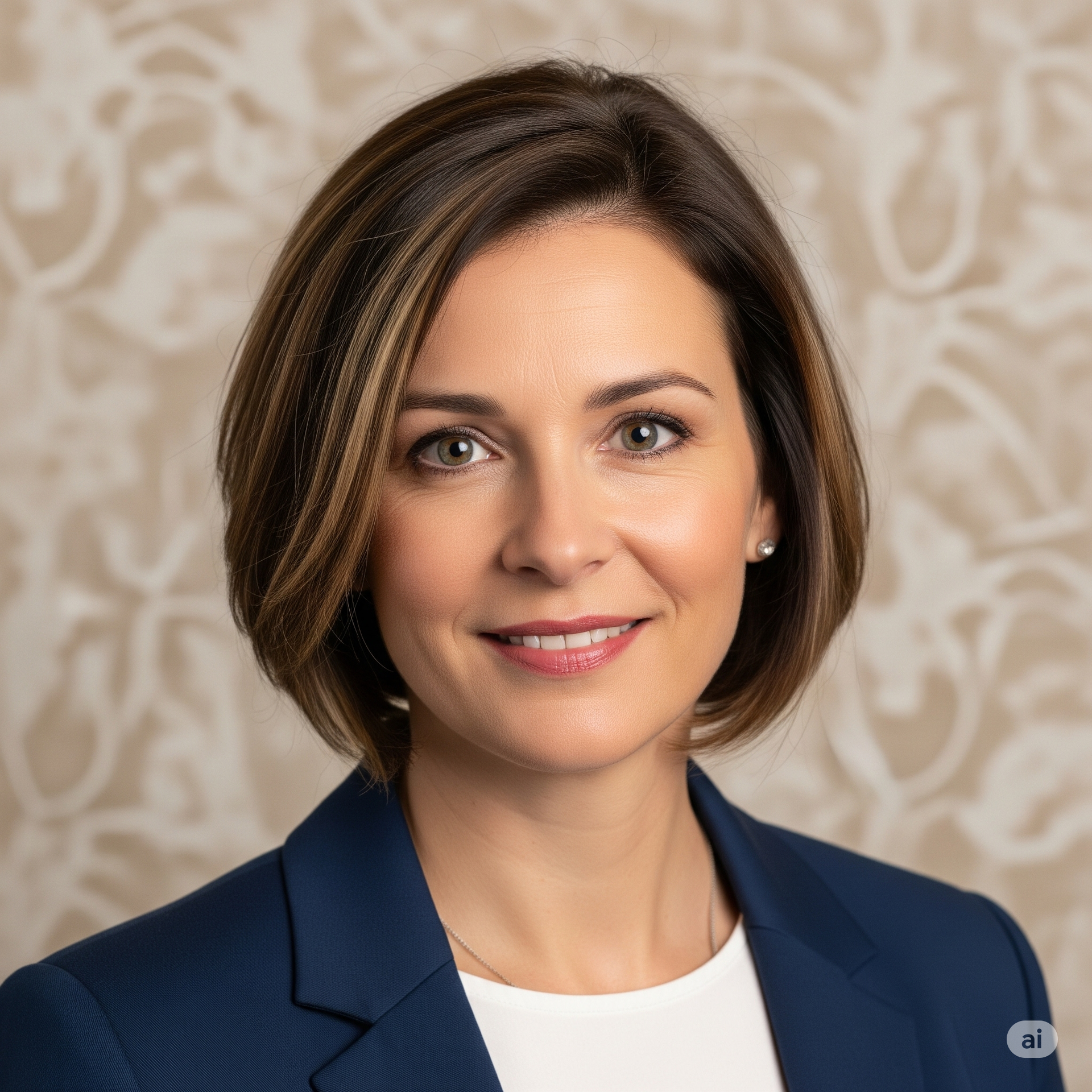 Frau in blauem Blazer und weißem Oberteil lächelt, braunes Haar, weicher Hintergrund.