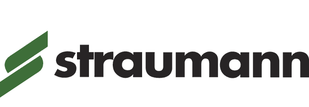 A straumann logo with a green arrow on a white background.