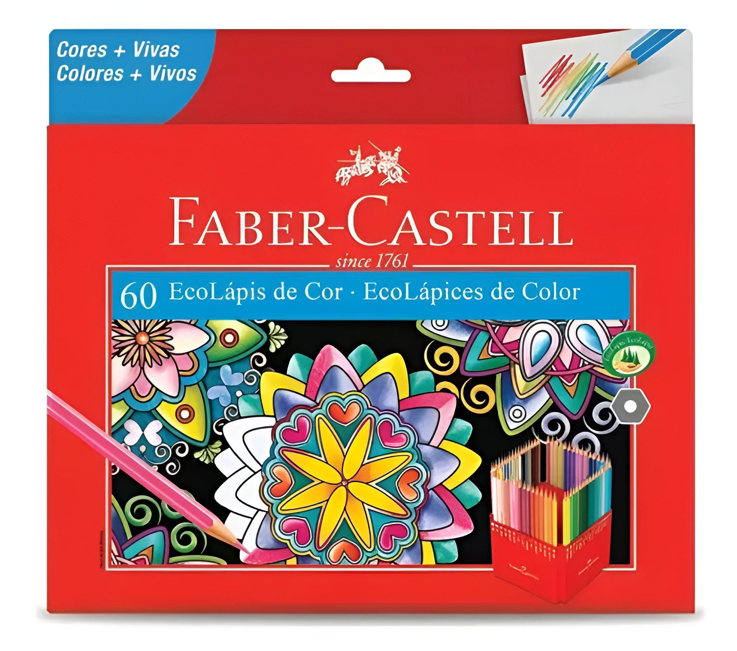 Caja roja de lápices de colores Faber-Castell, que muestra diseños de flores coloridas y una muestra de trazos de colores.