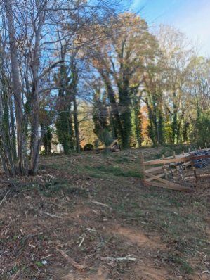 There is a wooden fence in the middle of a forest.