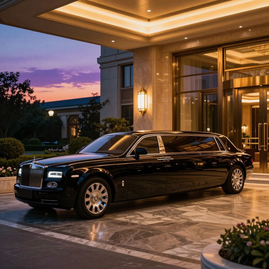 stretch limousine waiting for passengers in front of a hotel
