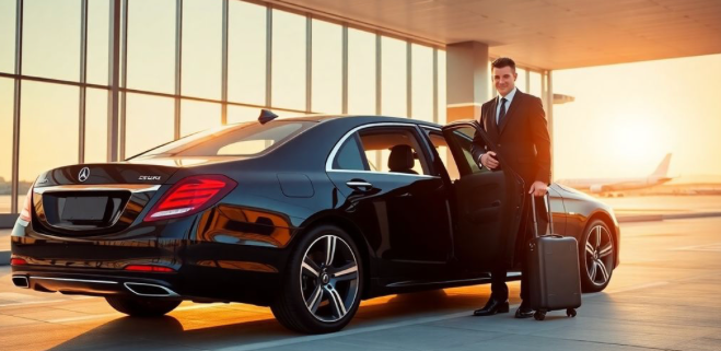 Luxury car, chauffeur, airport terminal