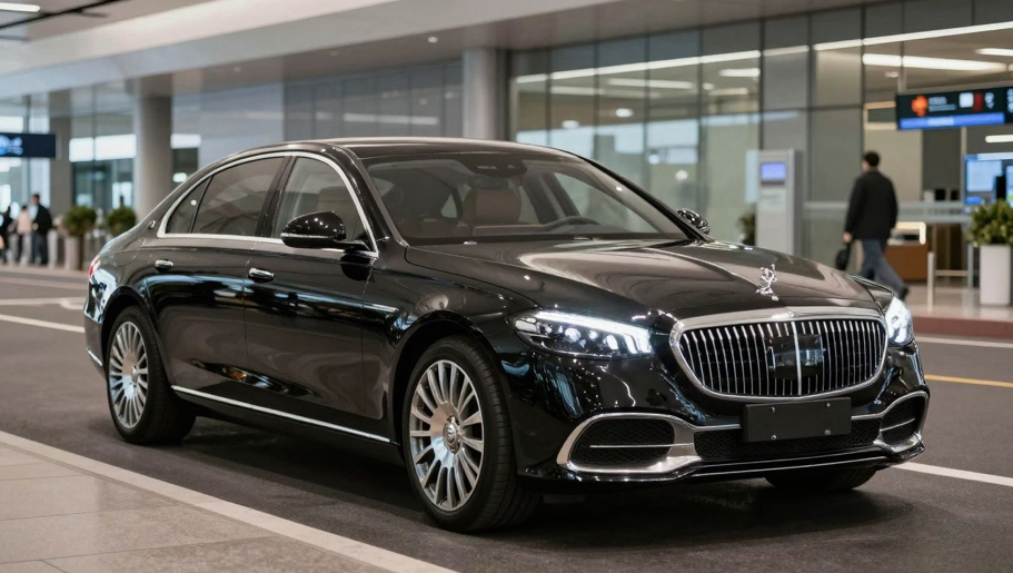 Black luxury sedan with chrome accents parked near an airport entrance.