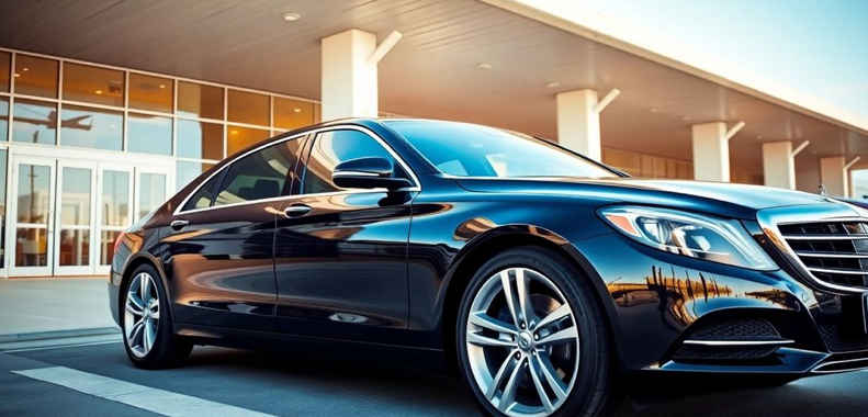 luxury sedan arriving at airport terminal