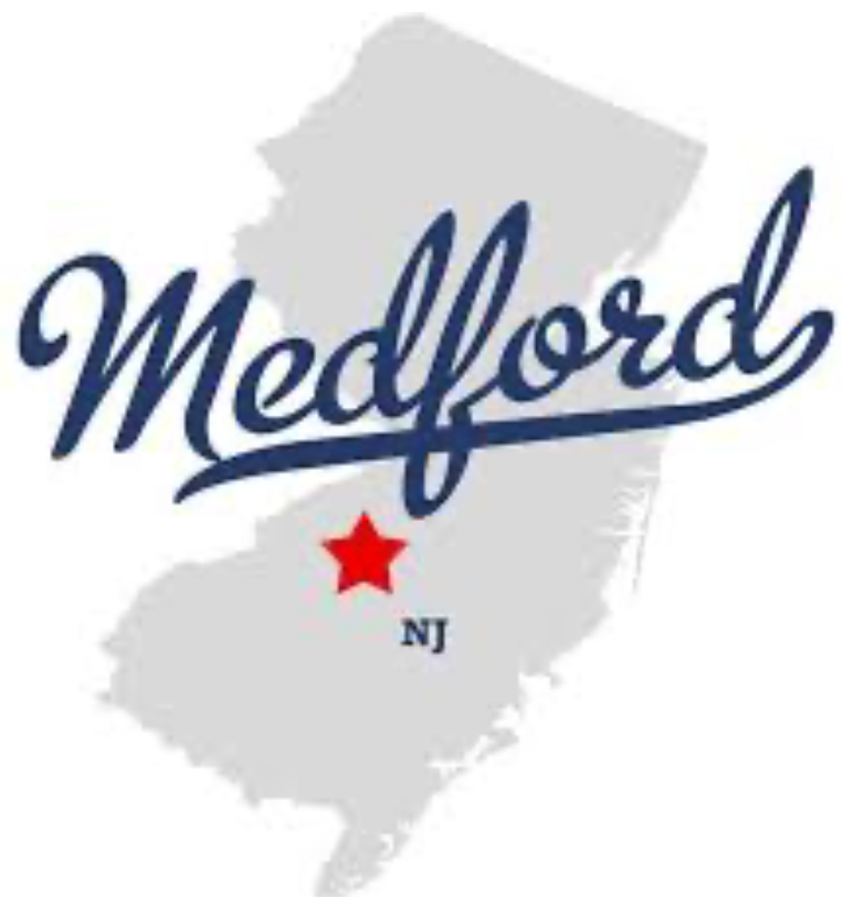 Medford, New Jersey logo featuring a red star on a gray map of New Jersey with 'Medford' written in blue script.