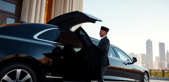 chauffeur standing outside of black stretch limo with city skyline in the background