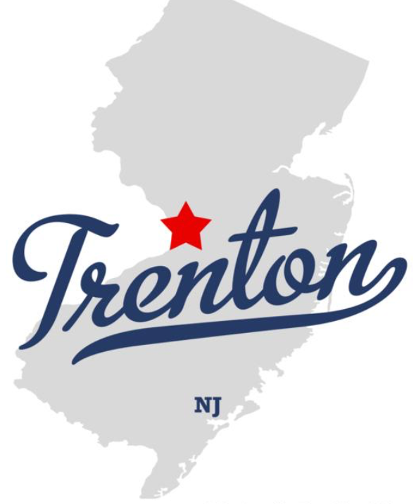 Trenton, New Jersey logo featuring a red star on a gray map of New Jersey with 'Trenton' written in blue script.