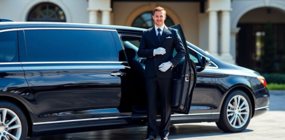 Luxury sedan, dark tint, chauffeur in uniform beside it