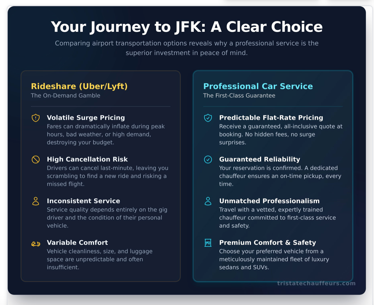 Comparison graphic: Professional car service to JFK vs. ride-share, emphasizing predictable pricing