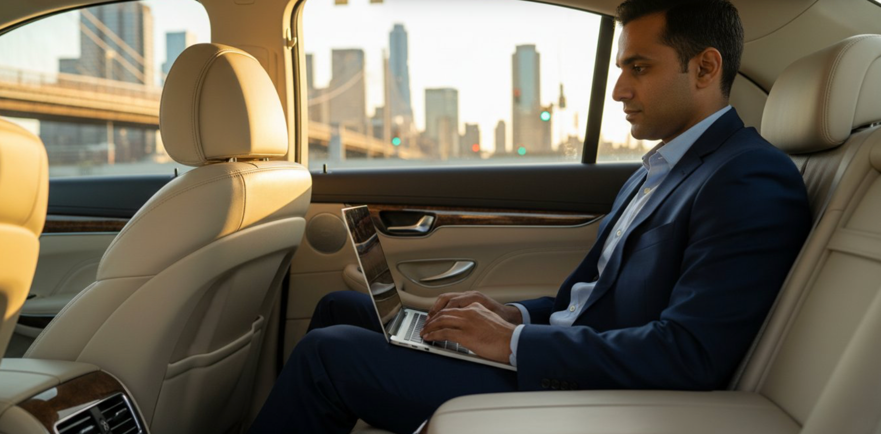 passenger sitting in the back of a sleek luxury sedan