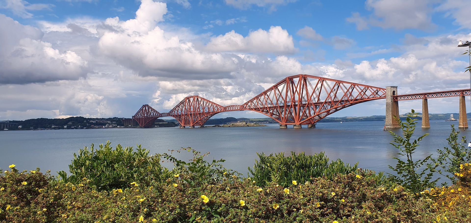 Photo of the red Forth Rail Bridge taken from the South side of the river forth, and to the west of the bridge. Sunny sky with some clouds. The estuary of the River Forth is calm and there is green foliage in the foreground.