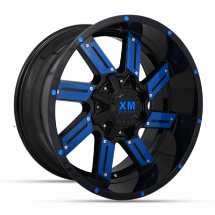 A black and blue xm wheel on a white background