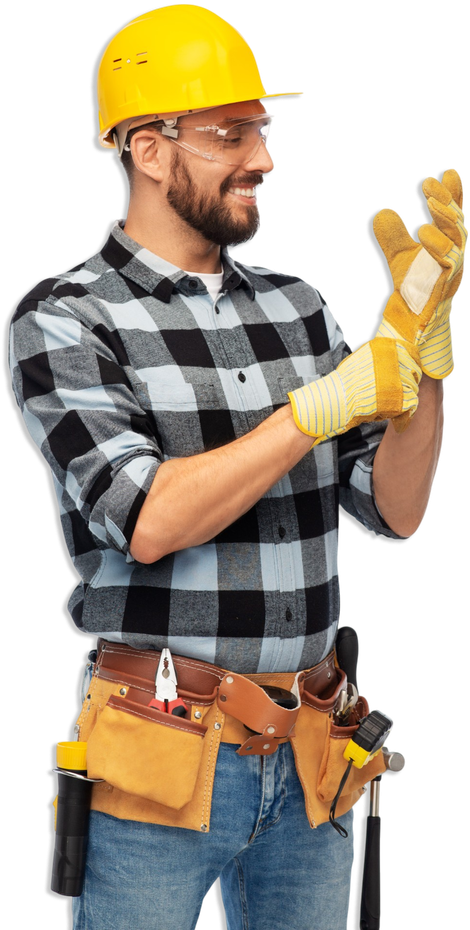 A man wearing a hard hat and gloves is clapping his hands.