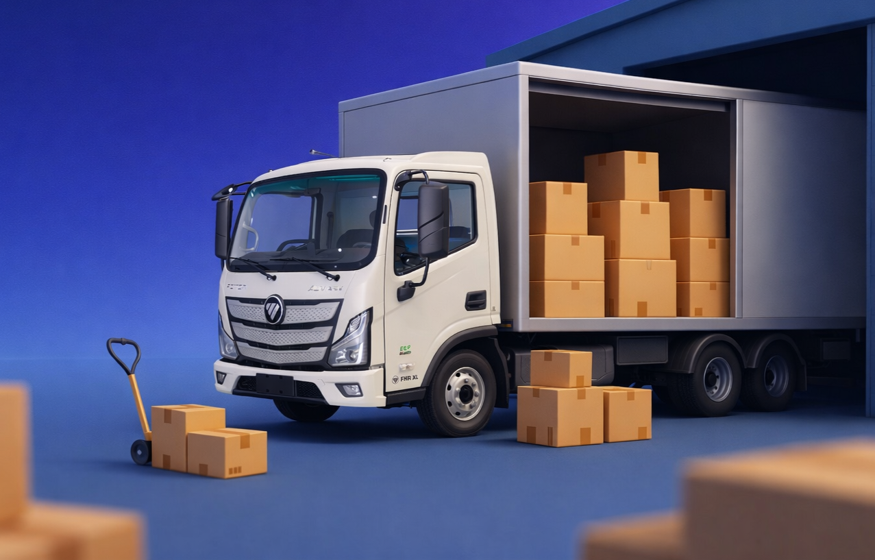 Camión Foton Corautos andino FHR XL 2.9 toneladas en muelle de carga con cajas. 