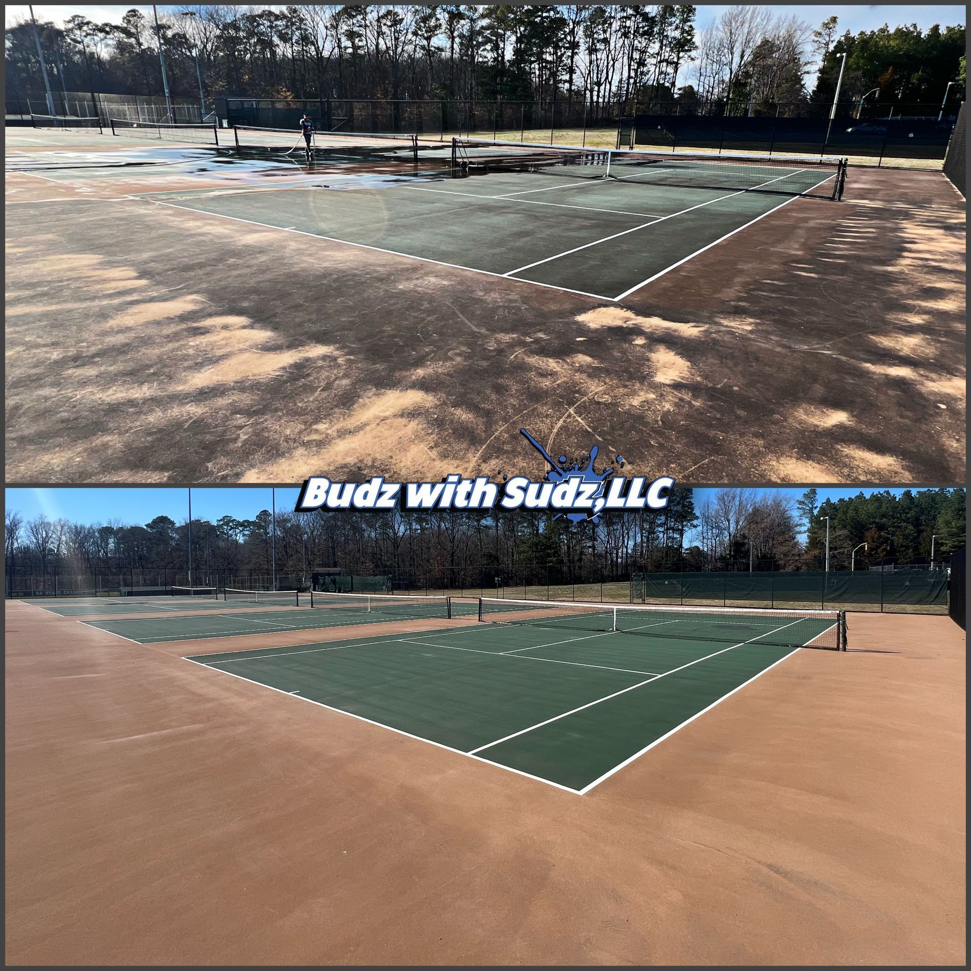 A picture of a tennis court before and after being cleaned by budz with sudz llc