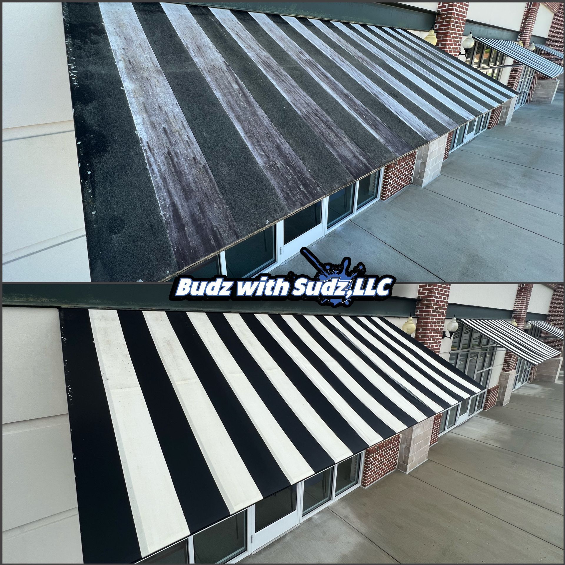 A before and after photo of a black and white awning