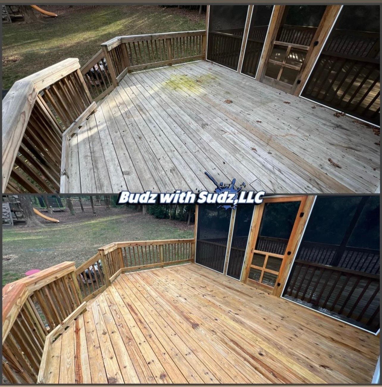 A before and after picture of a wooden deck by budz with sudz llc