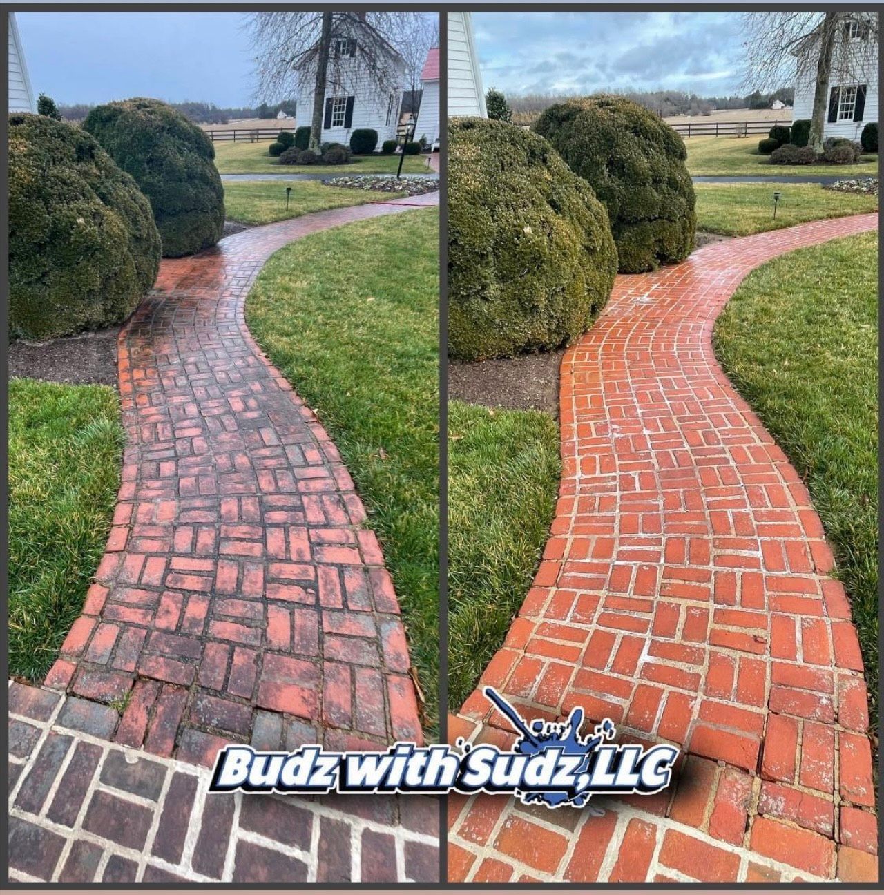A before and after photo of a brick walkway.