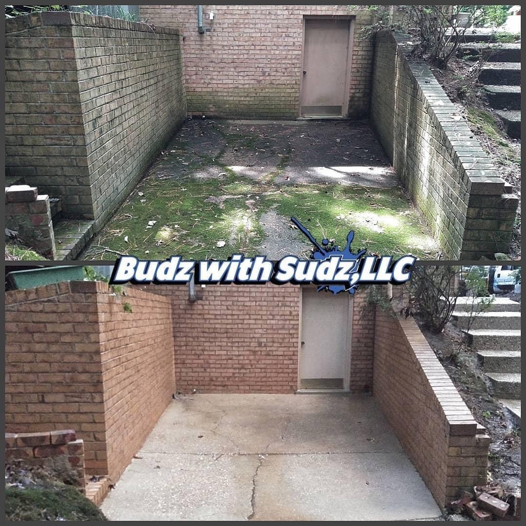 A before and after photo of a brick wall and stairs.