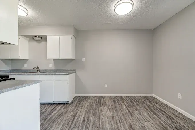 Empty kitchen with white cabinets, gray countertops, and wood-look flooring.