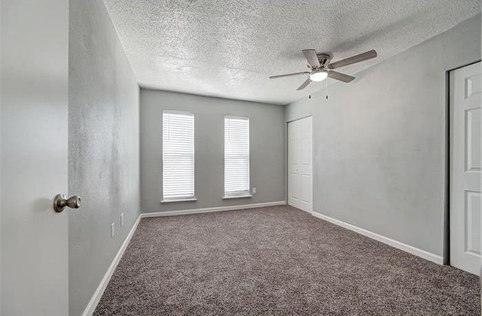 Empty bedroom with gray walls, two windows, ceiling fan, and brown carpet.