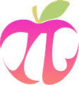 A pink apple with a green leaf and the letter t inside of it