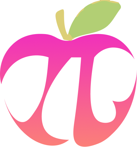 A pink apple with a green leaf and the letter t inside of it