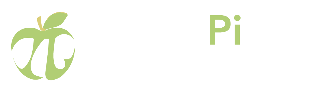 A green apple with a leaf and the letters pi on a white background.