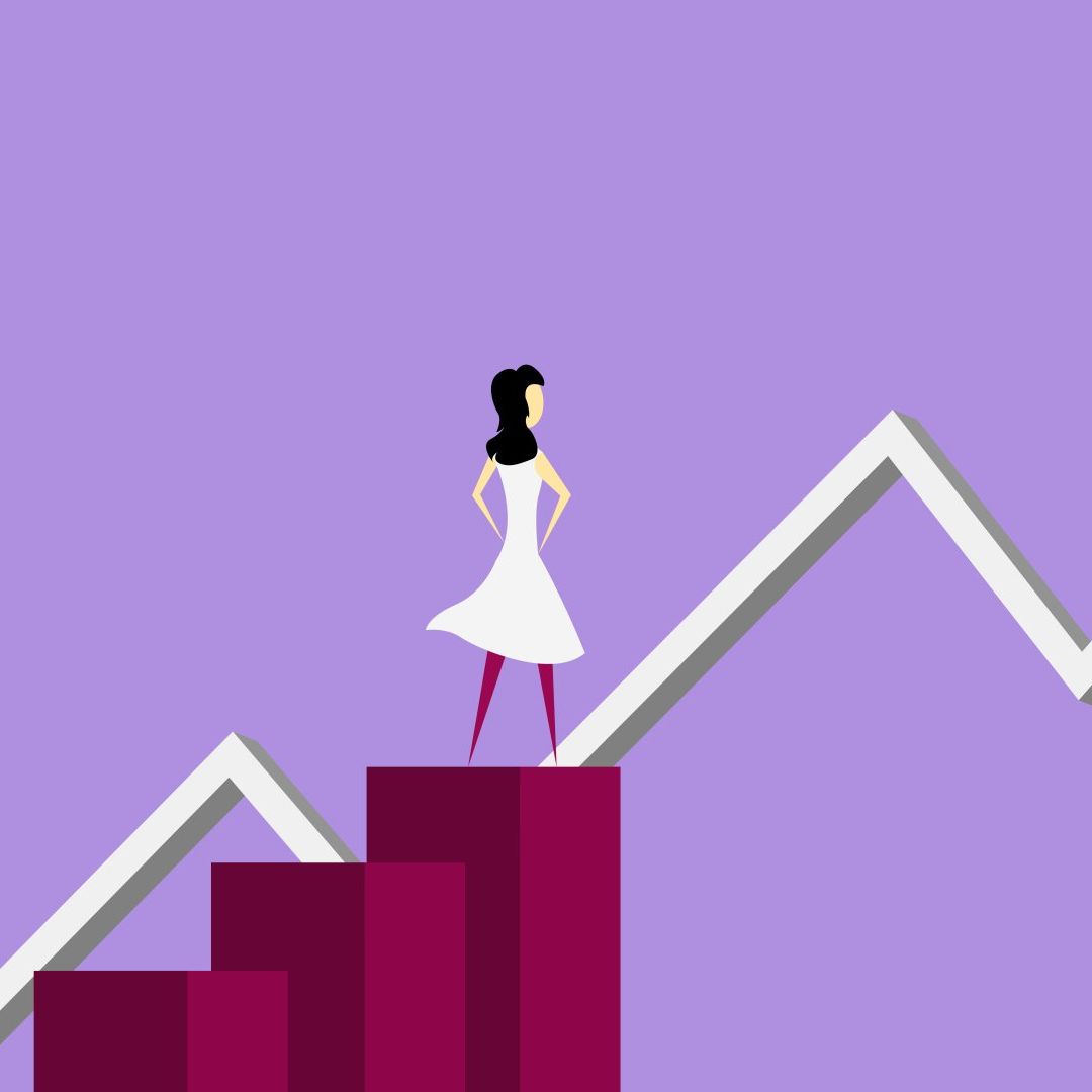 A woman in a white dress is standing on top of a graph.