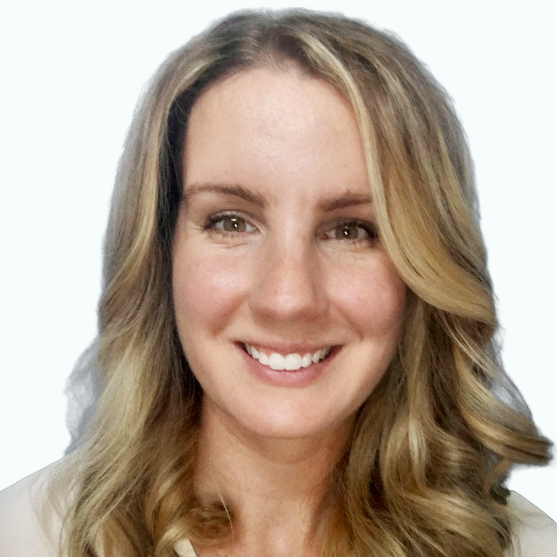 A woman with long blonde hair is smiling for the camera on a white background.