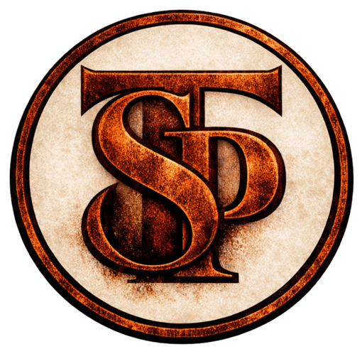 A circular logo with a bronze, textured 