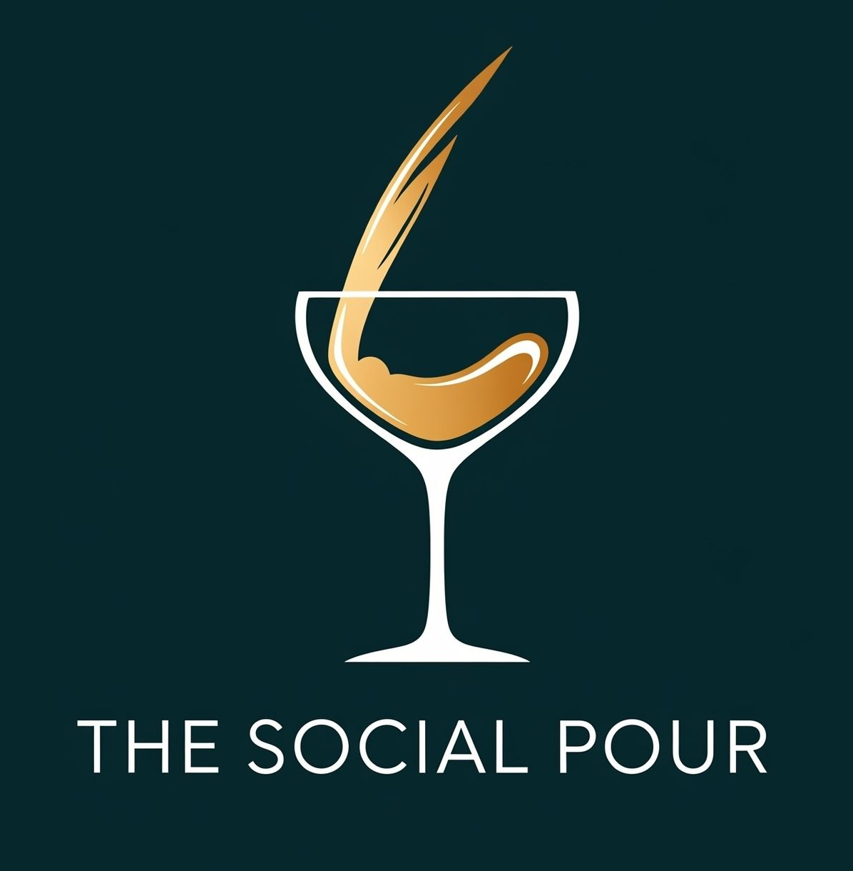 Logo: cocktail glass with golden liquid pouring into it; 