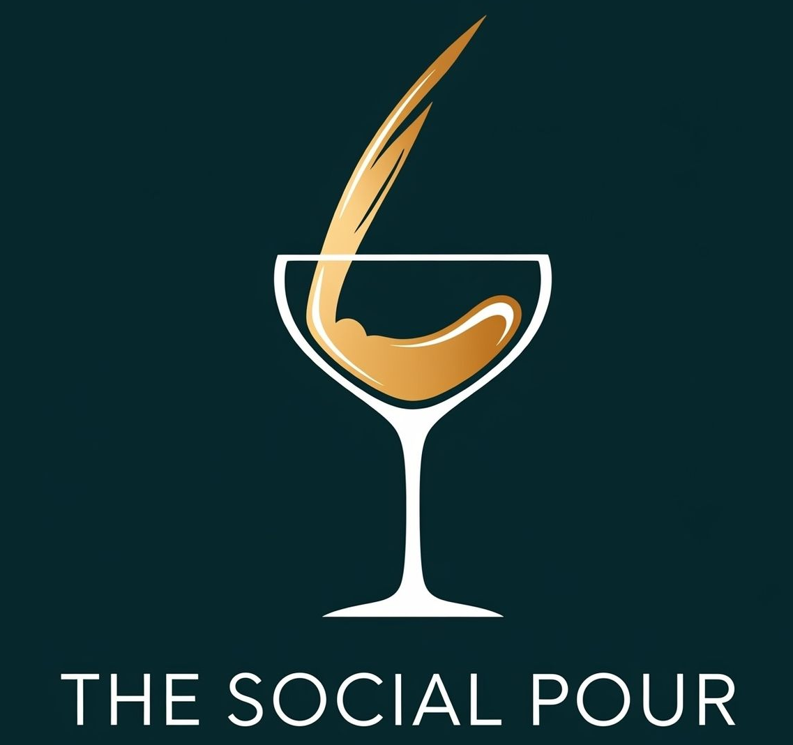 Logo for The Social Pour: gold liquid pouring into a cocktail glass on a teal background.