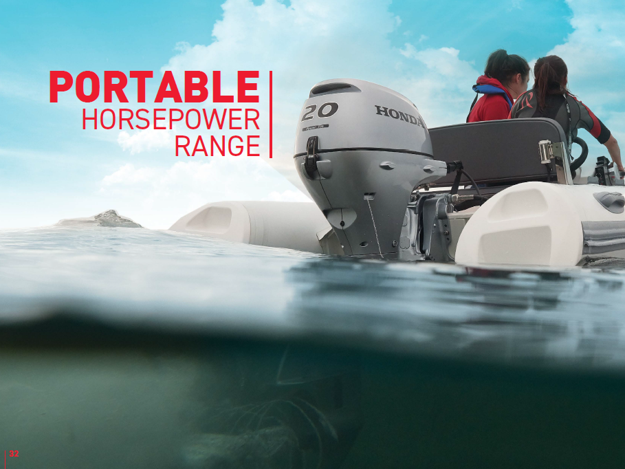 Honda's portable outboards (ranging from 2.3 hp up to 20 hp) are designed to be light enough to carry, simple enough to use, and tough enough to keep going trip after trip.