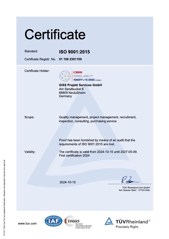 Certificaat voor ISO 9001:2015 van TÜV Rheinland, 
