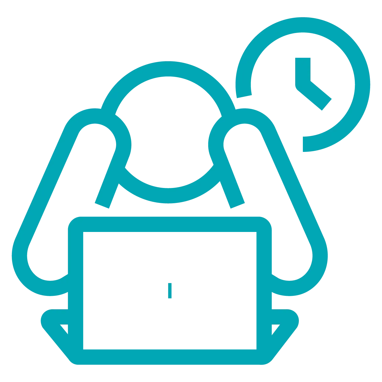 Person stressed at a laptop with a clock, teal outline.